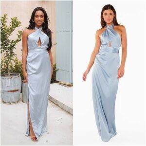 SHOW ME YOUR MUMU Adele Halter Maxi Dress In Steel Blue Luxe Satin